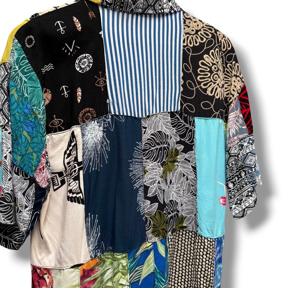 Peaceful People Mens Patchwork Rayon Button Down Shirt Multicolor Boho Medium - Picture 4 of 7